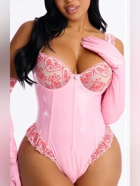 NWT Forplay Pink Lace Trim Vinyl Bustier Patent Teddy Bodysuit Medium